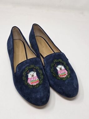 Talbots Ryan Polar Bear Embroidered Blue Suede Flat loafers Size 10 Great Condit